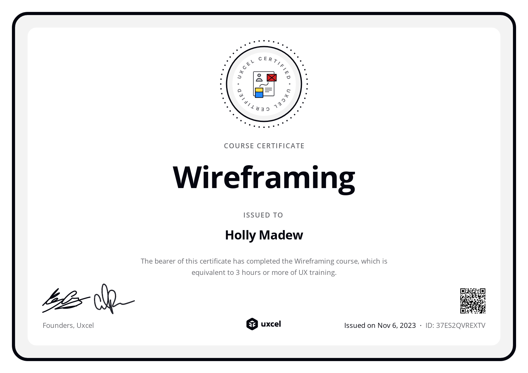 Holly Madew's certificate